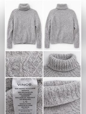 Vince Cable Knit Turtleneck Sweater Large Gray Merino Wool Cashmere Blend Pullov